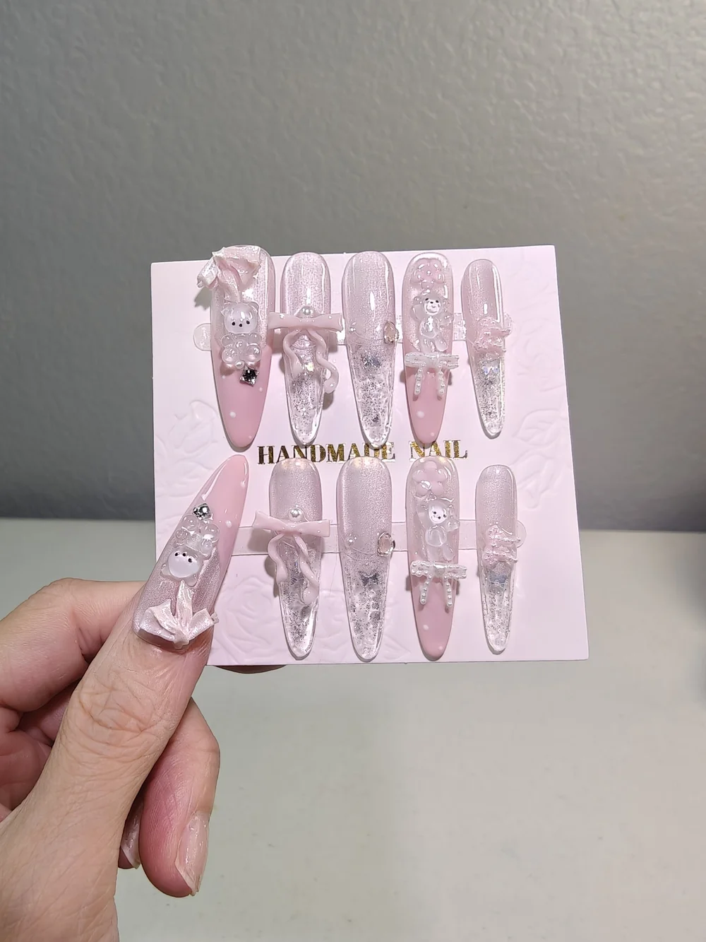 Cute Coquette Pink Glitter Long Almond Press On Nails With 3D Bow Bear Charms